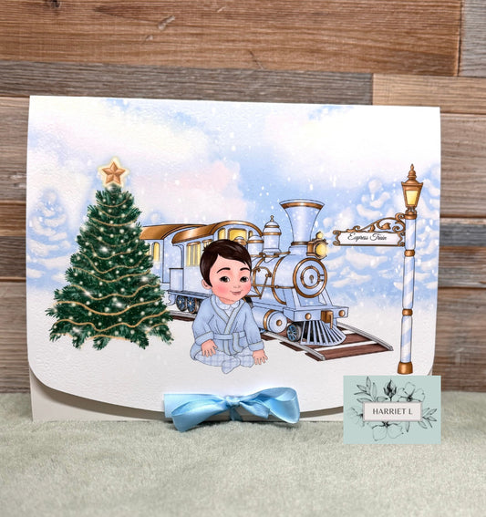 Baby Boy Pale Blue Train Custom Christmas Box (Multiple Options)