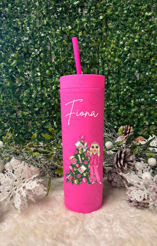 Hot Pink with Tree Custom Makeup Skinny Tumbler (Multiple Options)