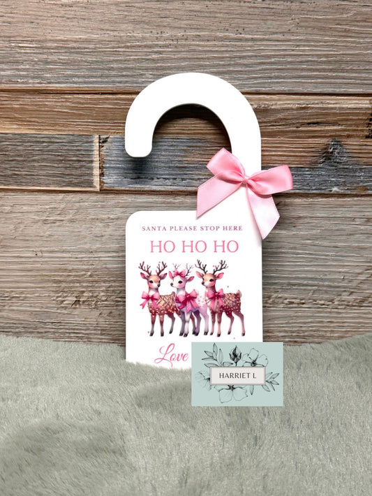 Pink Reindeer Custom “Santa Please Stop Here” Door Hanger (Multiple Options)