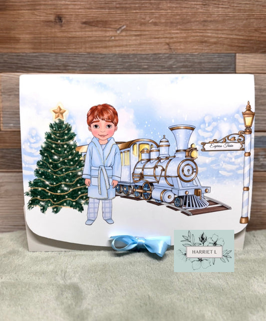 Boy Pale Blue Train Custom Christmas Box (Multiple Options)