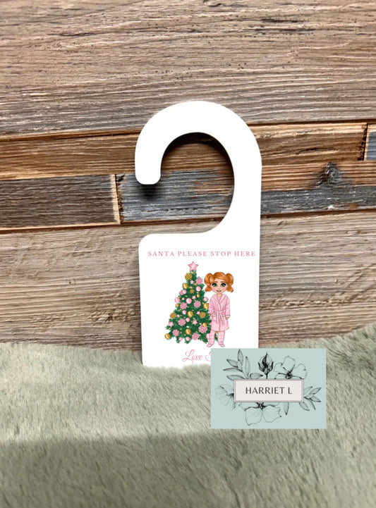 Light Pink Tree Custom “Santa Please Stop Here” Door Hanger (Multiple Options)