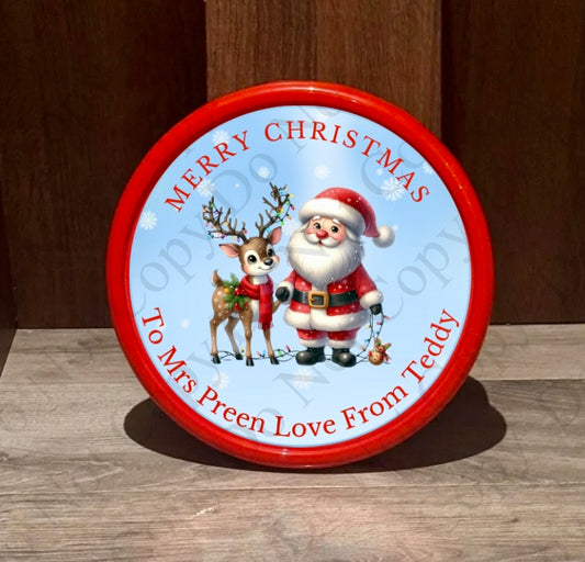 Custom Santa and Reindeer Chocolate Tub Sticker