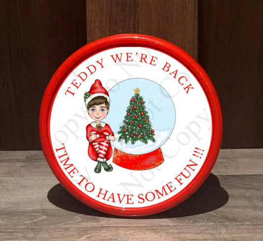 Custom Red Elf with Snow Globe Chocolate Tub Sticker