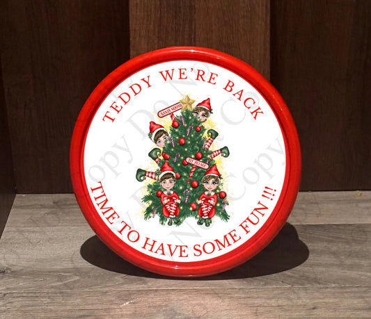 Custom Red Elf with Tree Chocolate Tub Sticker