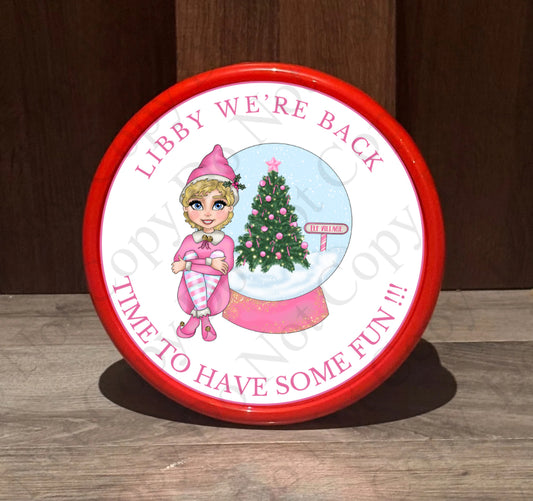 Custom Pink Elf with Snow Globe Chocolate Tub Sticker